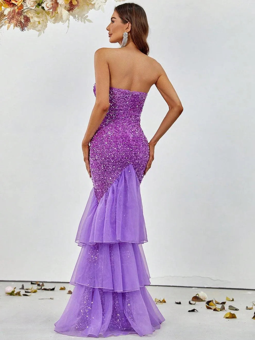 Elegant Mesh Overlay Mermaid Hem Sequin Prom Dress - Elonnashop