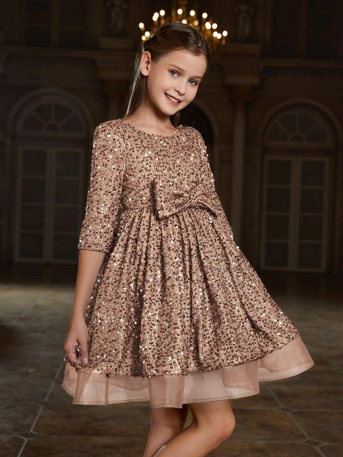 Tween Girls' Bow Detail 3/4 Sleeve Sequin Party Dress - Elonnashop