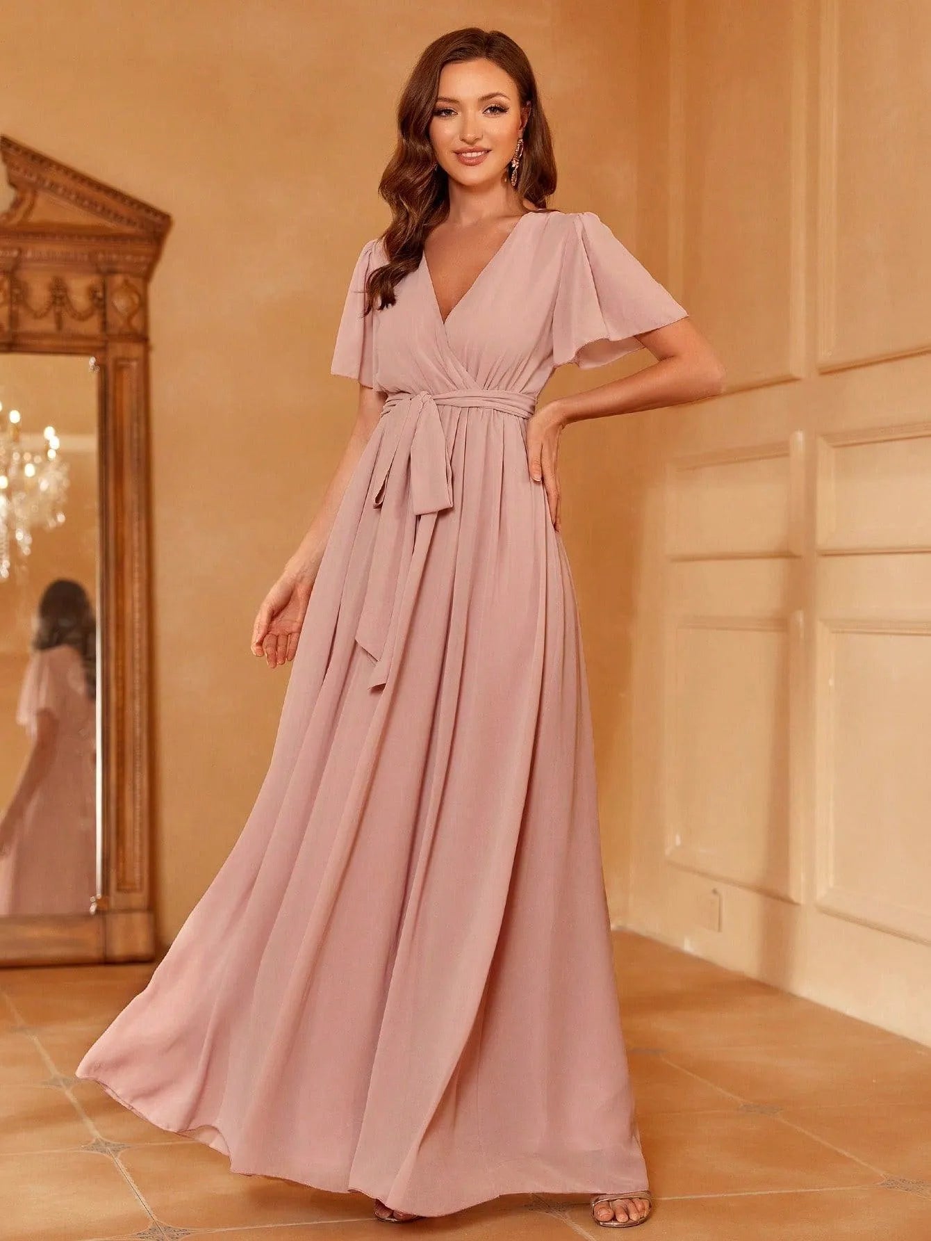 Plunging Neck Butterfly Sleeve Belted Dress - Elonnashop