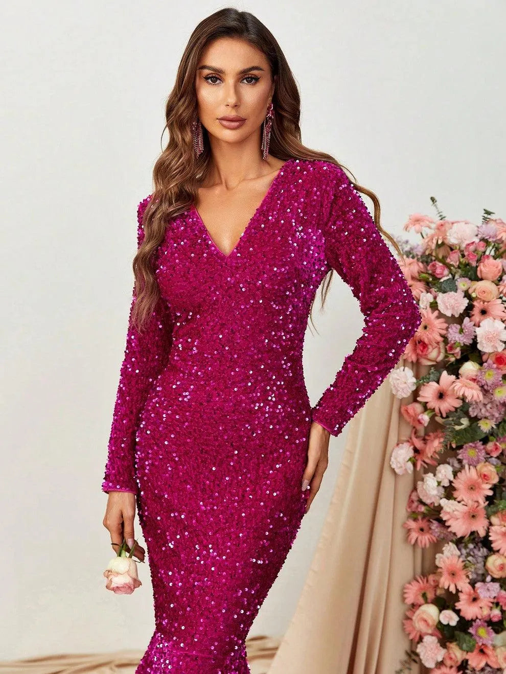 Elegant V Neck Long Sleeve Sequin Prom Dresses - Elonnashop