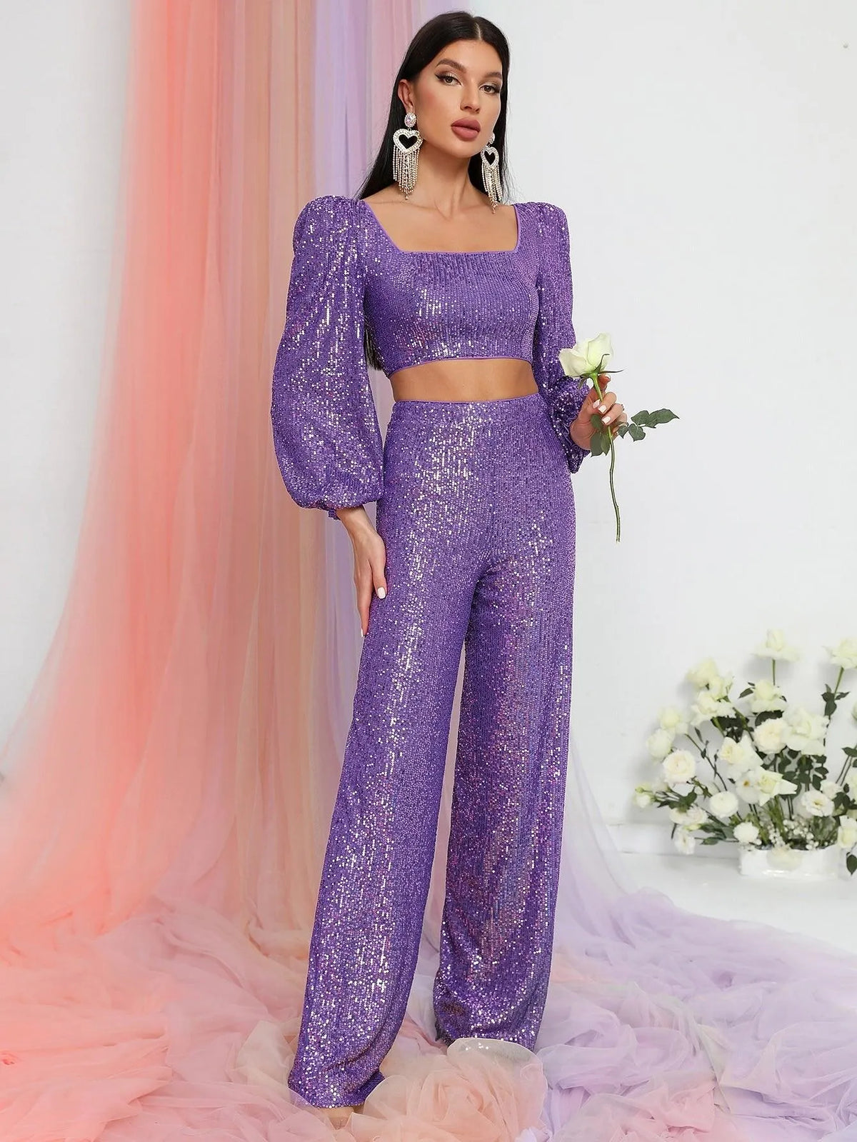 Square Neck Lantern Sleeve Sequin Top & Pants - Elonnashop