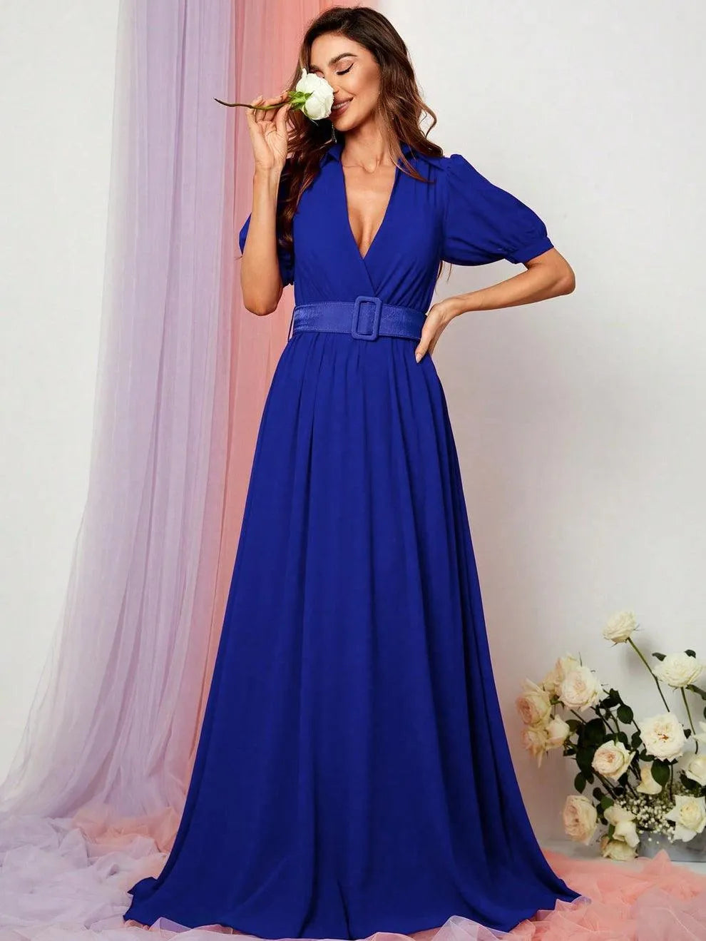 Deep V Neck Puff Sleeve Belted Maxi Dress - Elonnashop