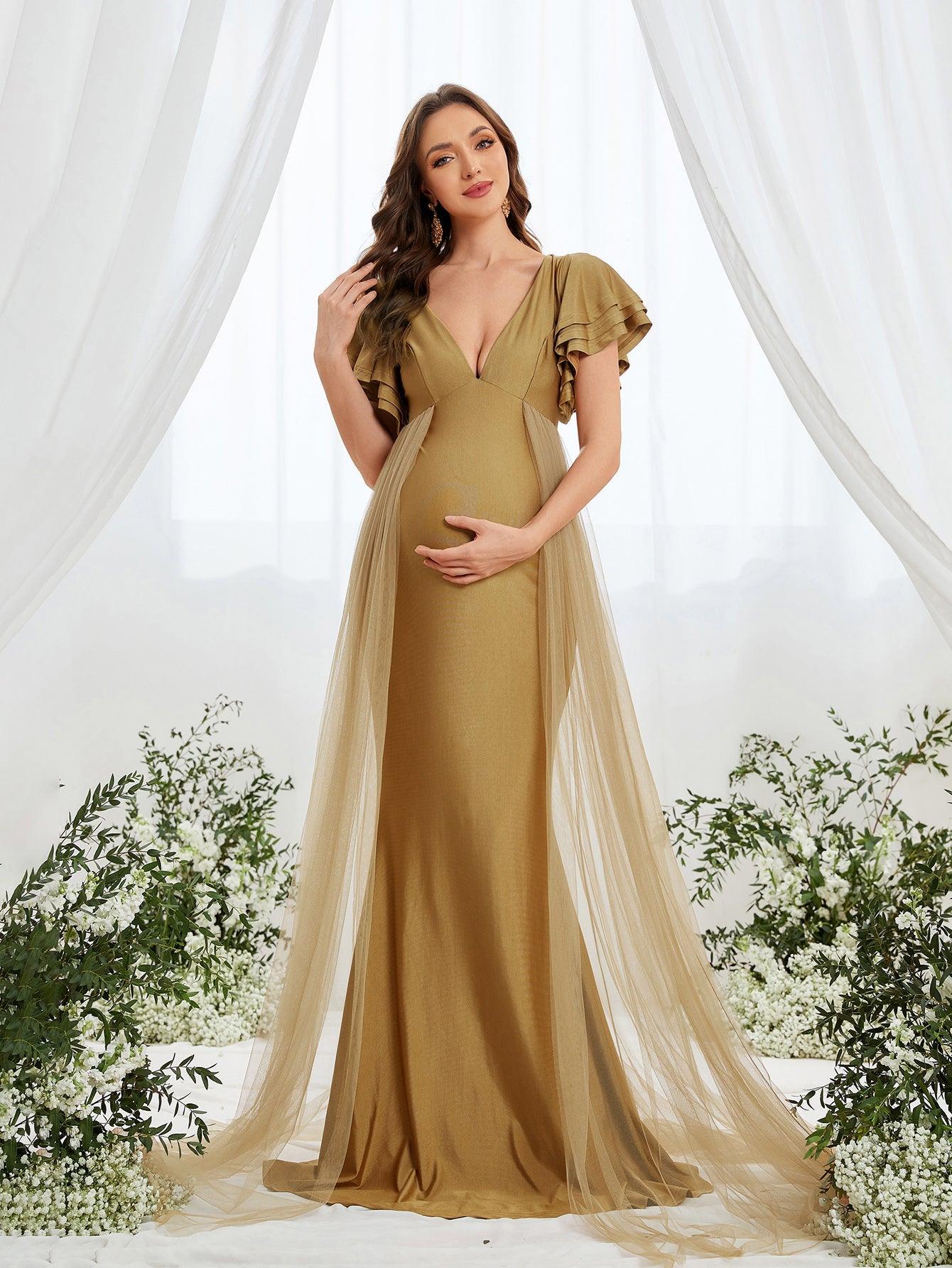 Maternity Plunging Neck Layered Ruffle Sleeve Mermaid Dress - Elonnashop