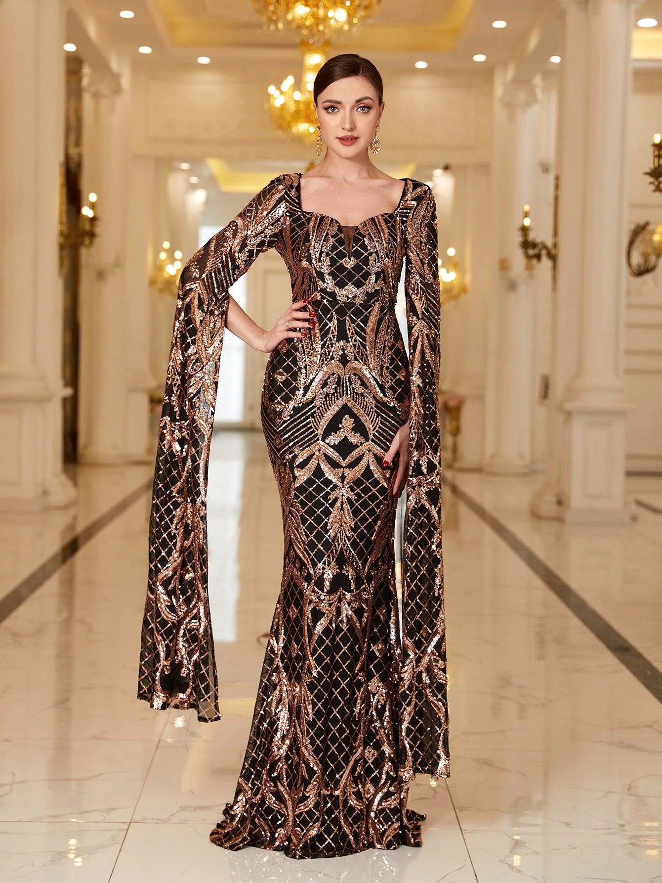 Extra-Long Sleeves Graphic Sequin Mermaid Dress Elonnashop Extra-Long Sleeves Graphic Sequin Mermaid Dress Elonnashop