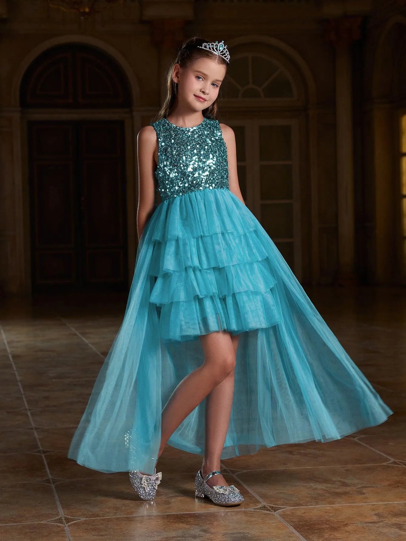 Tween Girls' Mesh Layered Hem Sequin Party Dress - Elonnashop