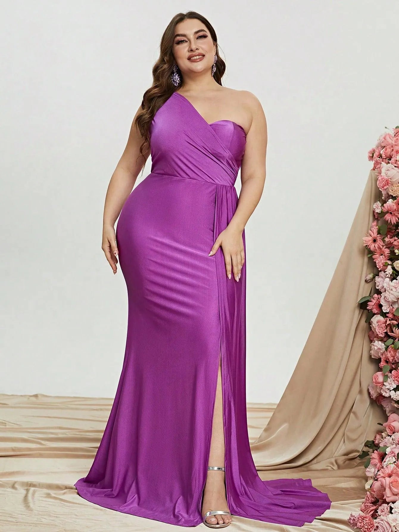 Plus One Shoulder Draped Side Split Thigh Formal Dress - Elonnashop