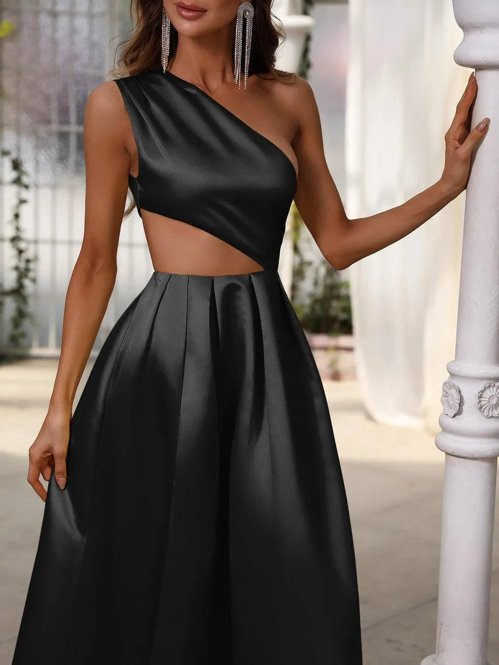 One Shoulder Cut Out Waist Satin Prom Dress - Elonnashop