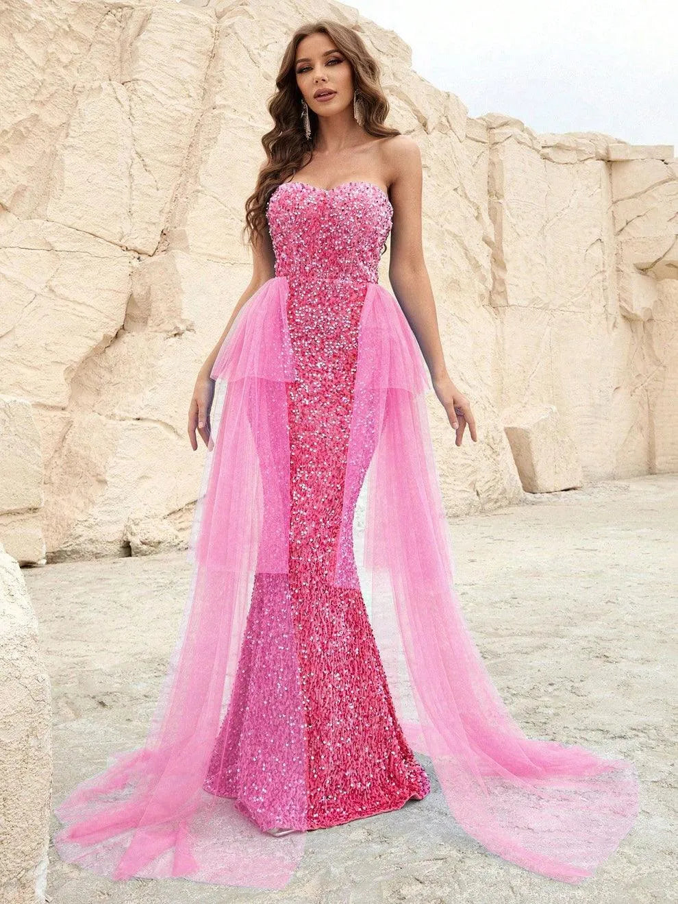 Elegant Mesh Overlay Sequin Mermaid Hem Tube Dress Elonnashop Elegant Mesh Overlay Sequin Mermaid Hem Tube Dress Elonnashop
