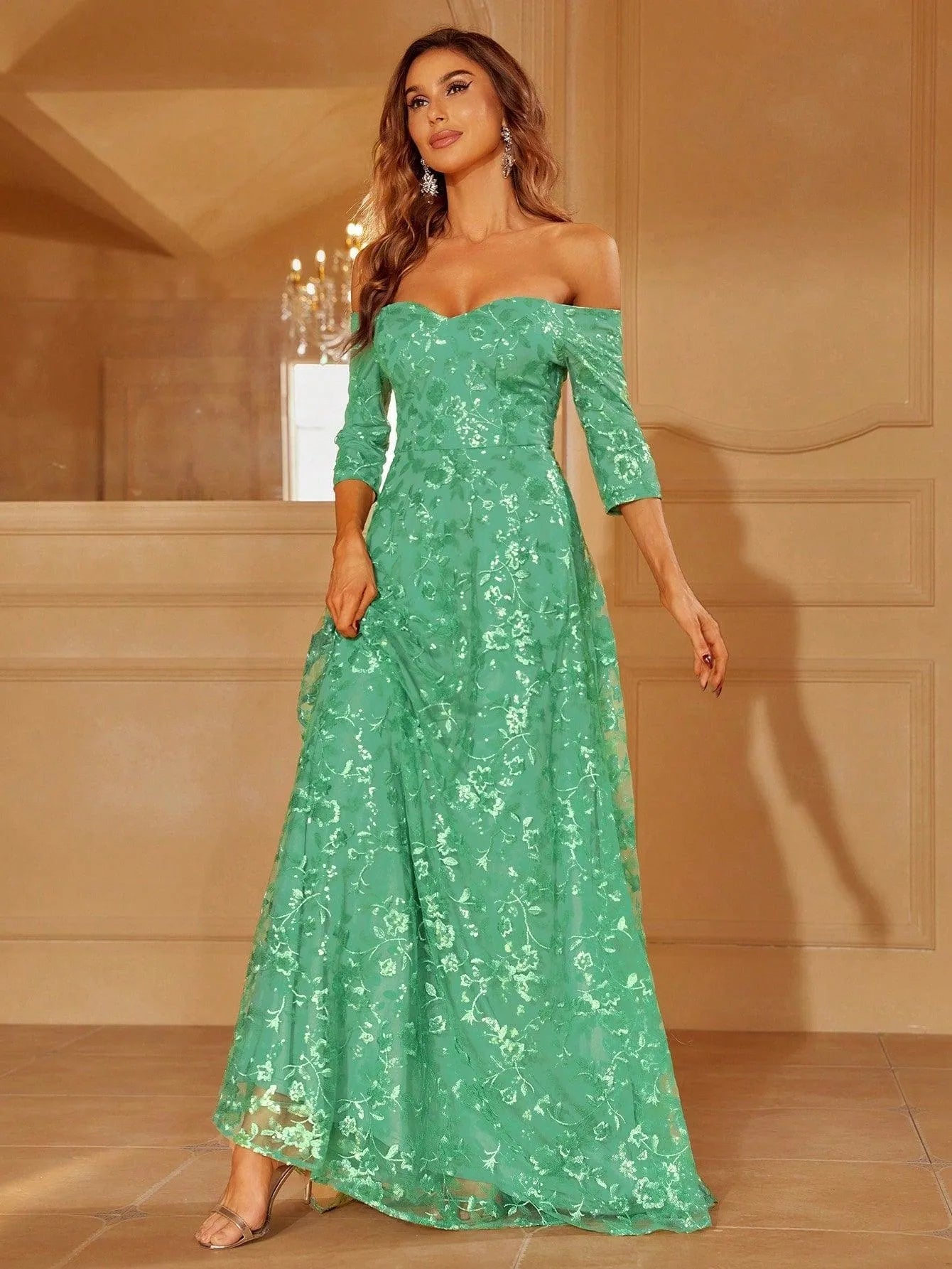 Off Shoulder Sequin Embroidered A Line Prom Dress - Elonnashop