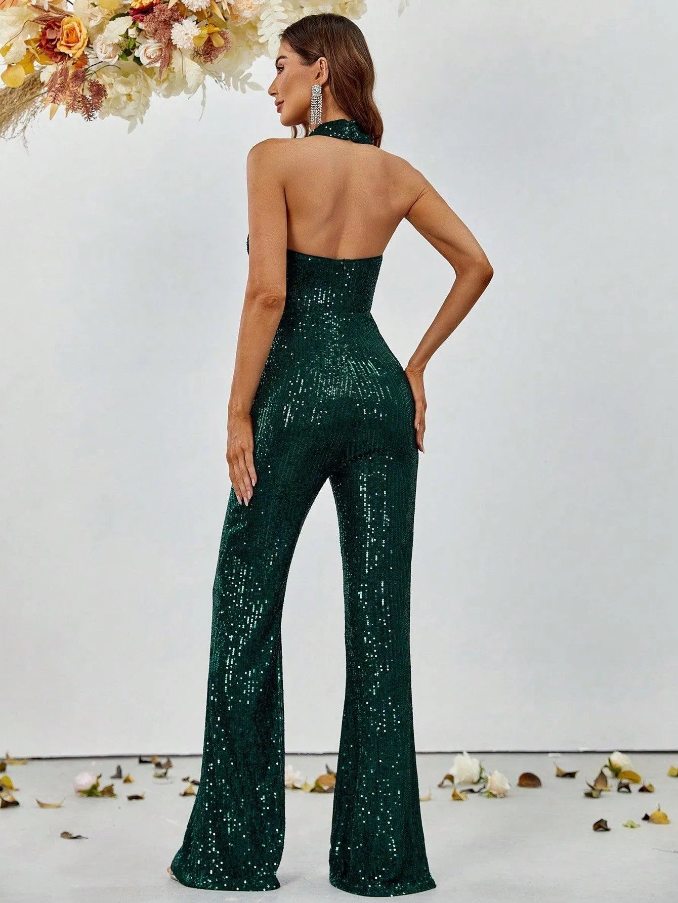 Crisscross Cut Out Sequin Flare Leg Jumpsuit - Elonnashop