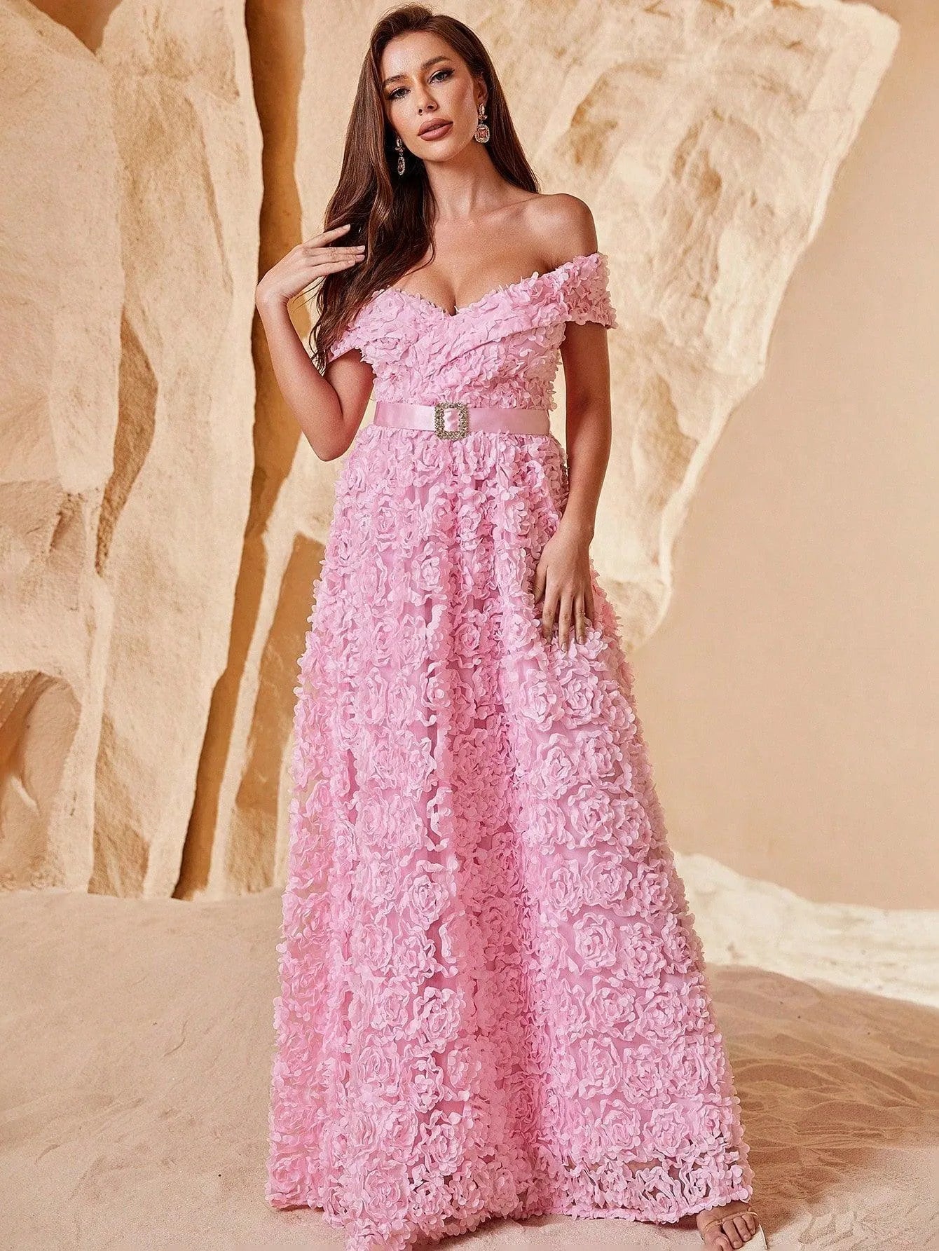 Off Shoulder Rhinestone Detail Belted 3D Flower A-Line Dresses - Elonnashop