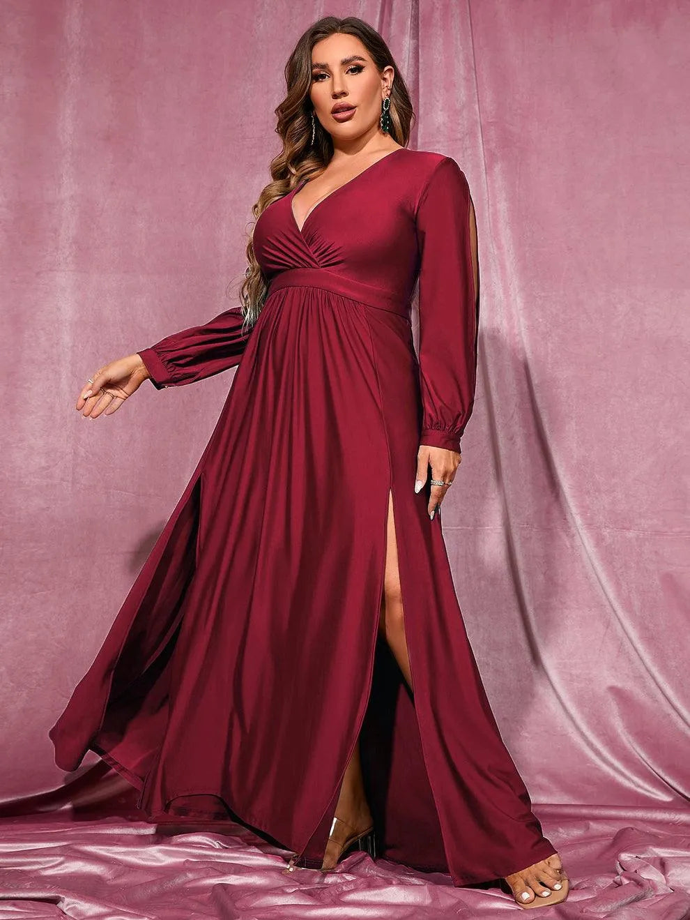 Plus Plunging Neck Lantern Sleeve High Slit Dress - Elonnashop