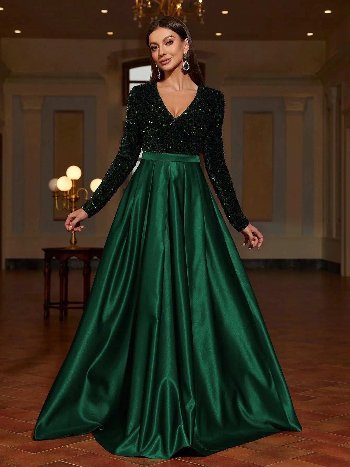 Plunging Neck Contrast Satin Sequin Formal Dress - Elonnashop