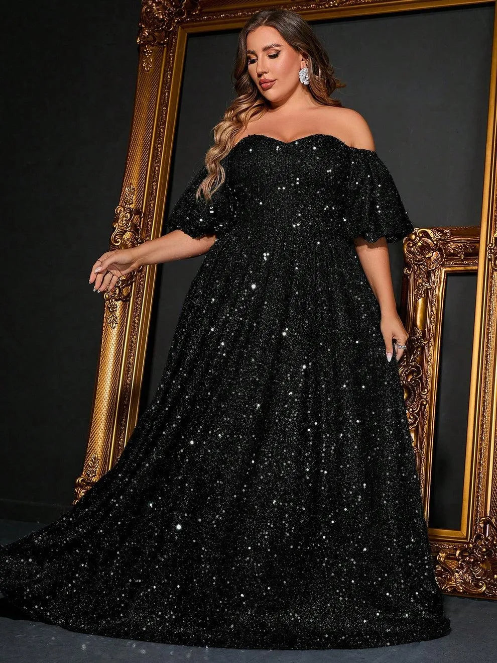 Plus Off Shoulder Puff Sleeves Sequin A Line Dress - Elonnashop