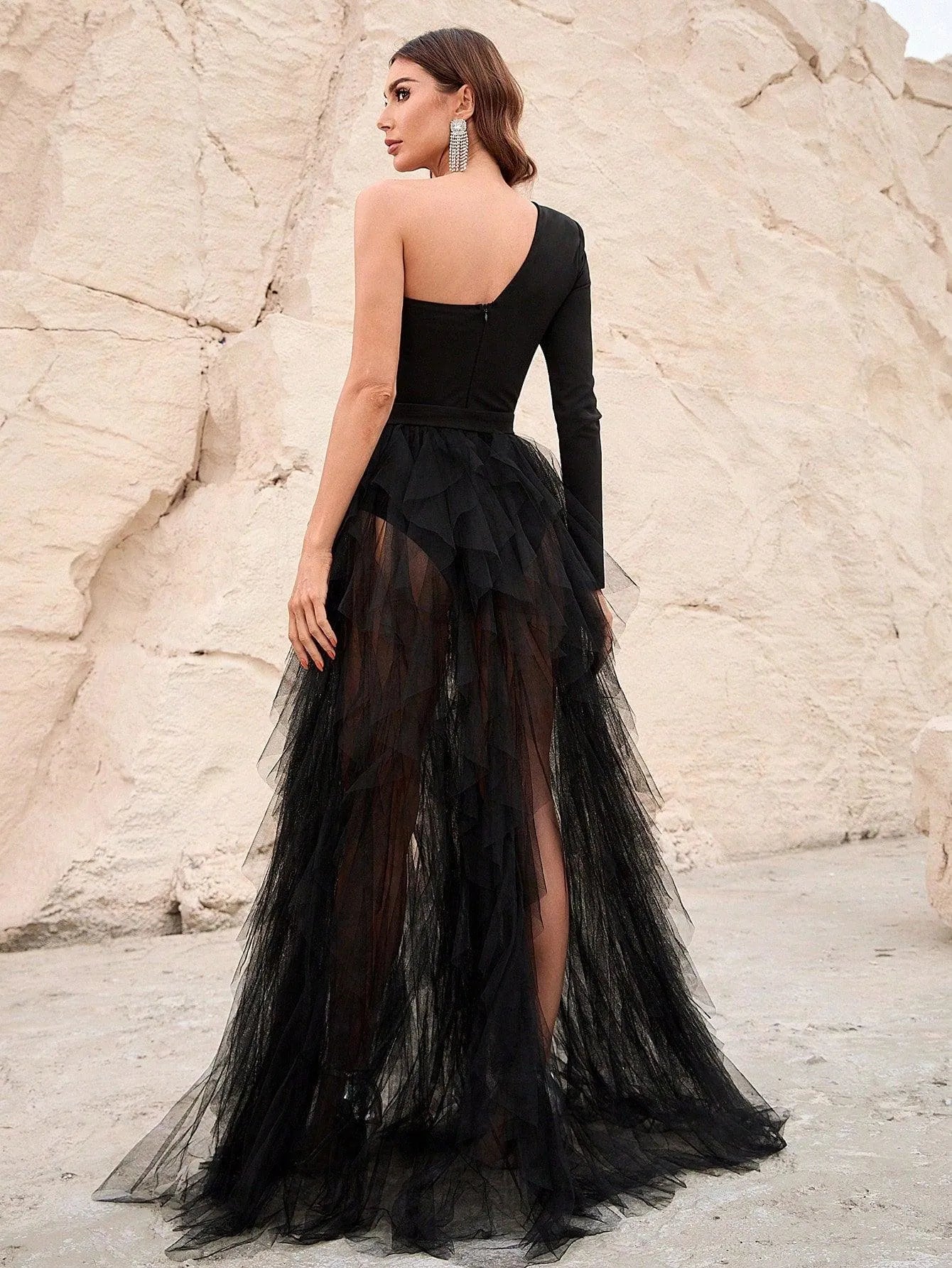 tulle asymmetric dress Women's Flora A-line Asymmetric Sleeved Tulle Floor Length Dress S/M/L/Customize Peach /Peony Pink MEAN BLVD Peony Pink / Customize