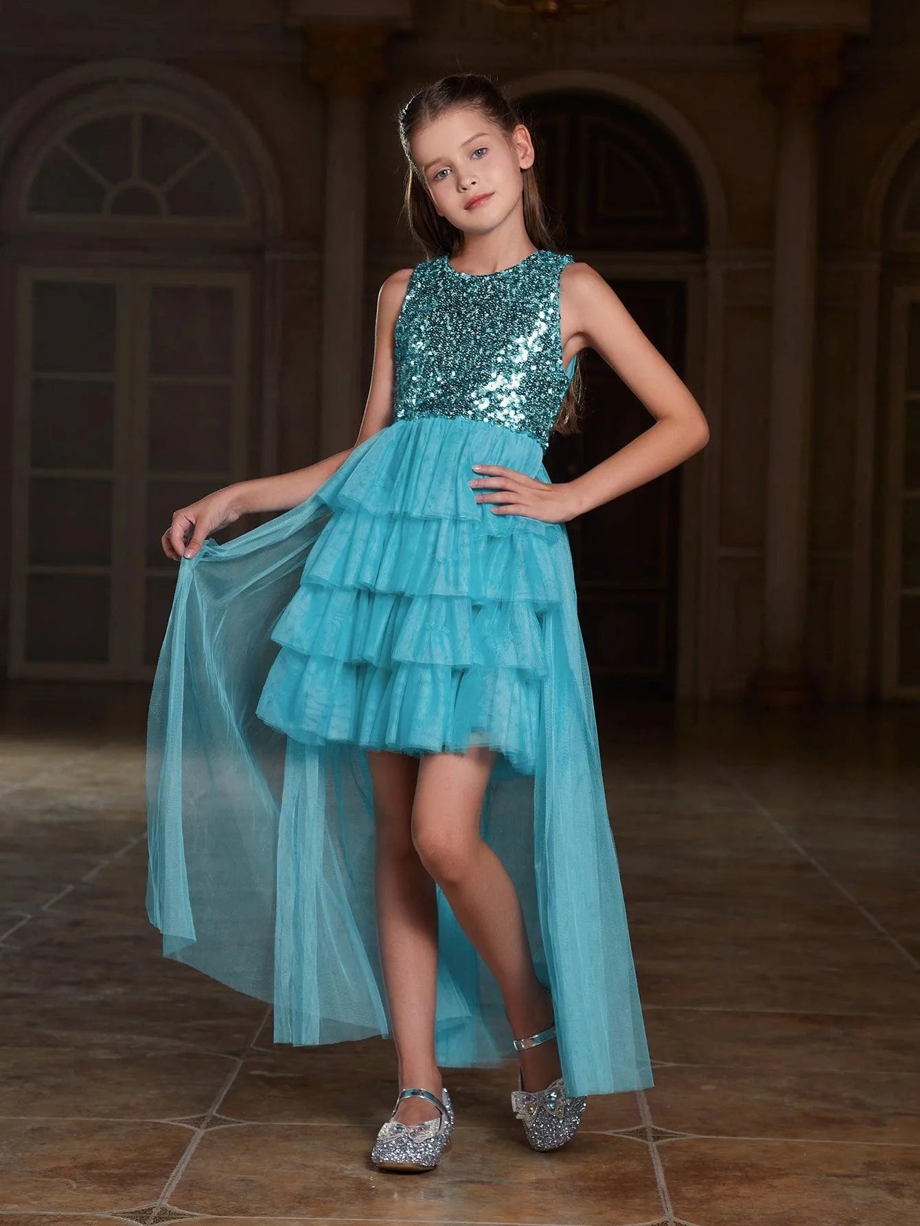 Tween Girls' Mesh Layered Hem Sequin Party Dress - Elonnashop