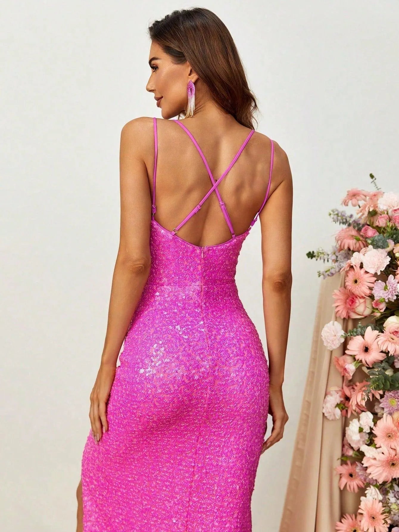 Spaghetti Straps Backless Split Thigh Sequin Dress - Elonnashop