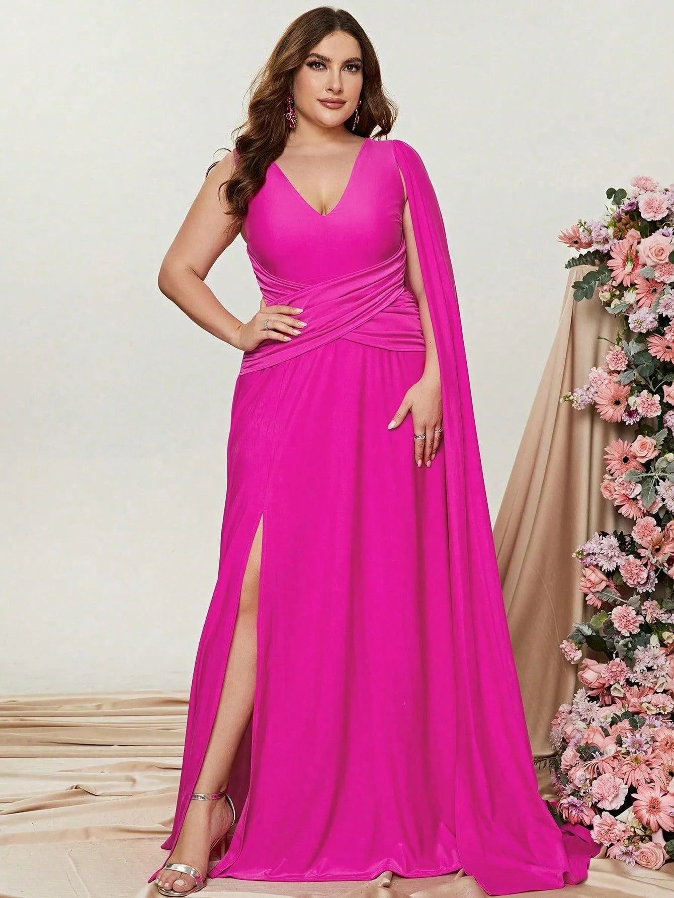 Plus Ruched Draped Side Split Party Dress Bridesmaids Dress Hot Pink / 1XL Plus Ruched Draped Side Split Party Dress Bridesmaids Dress Hot Pink / 1XL