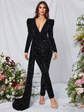 Plunging Neck Long Sleeve Sequin Formal Jumpsuit - Elonnashop