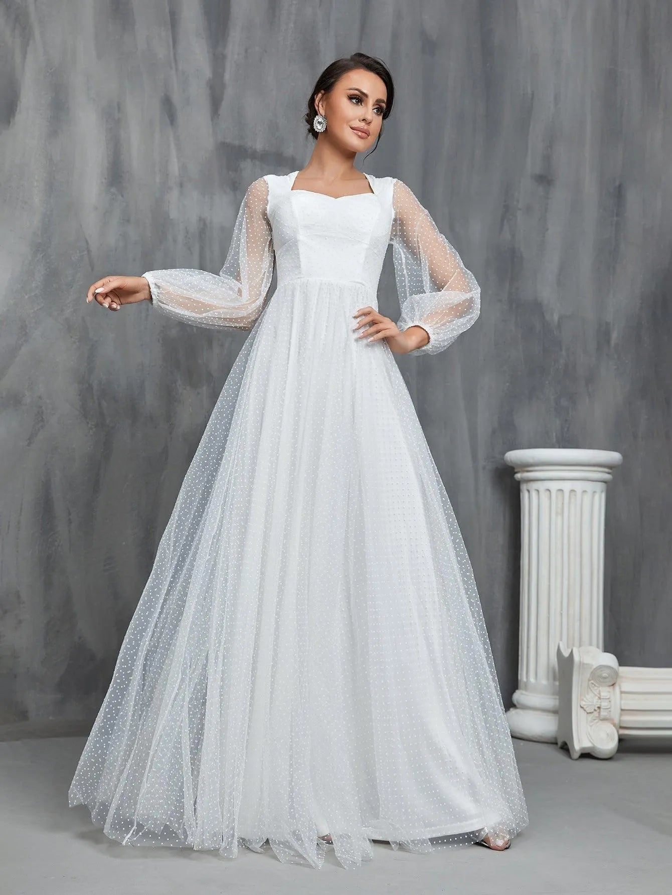 Lantern Sleeves Dobby Mesh Wedding Dress - Elonnashop