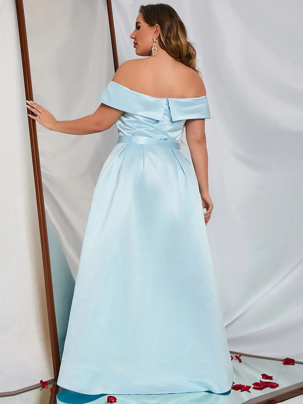 Plus Off Shoulder Buckle Belted Satin Ball Gown - Elonnashop