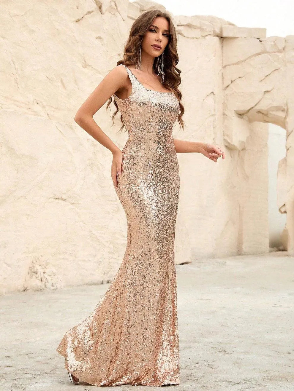 Square Neck Sleeveless Split Thigh Sequin Party Dress Elonnashop Square Neck Sleeveless Split Thigh Sequin Party Dress Elonnashop