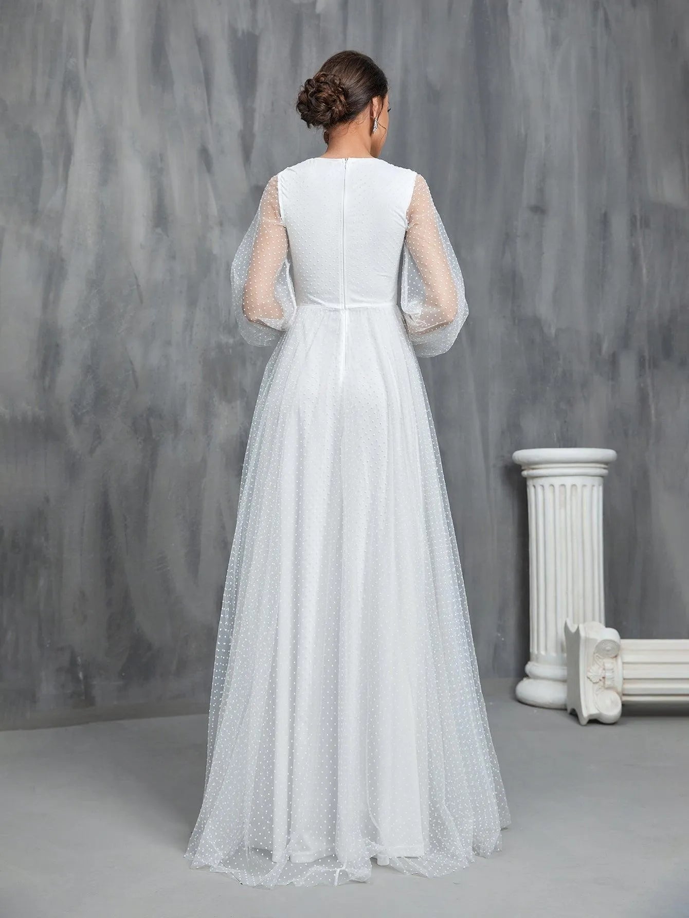 Lantern Sleeves Dobby Mesh Wedding Dress - Elonnashop