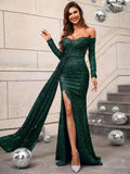 Off Shoulder Sweetheart Neck Split Thigh Sequin Dress - Elonnashop