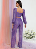 Square Neck Lantern Sleeve Sequin Top & Pants - Elonnashop