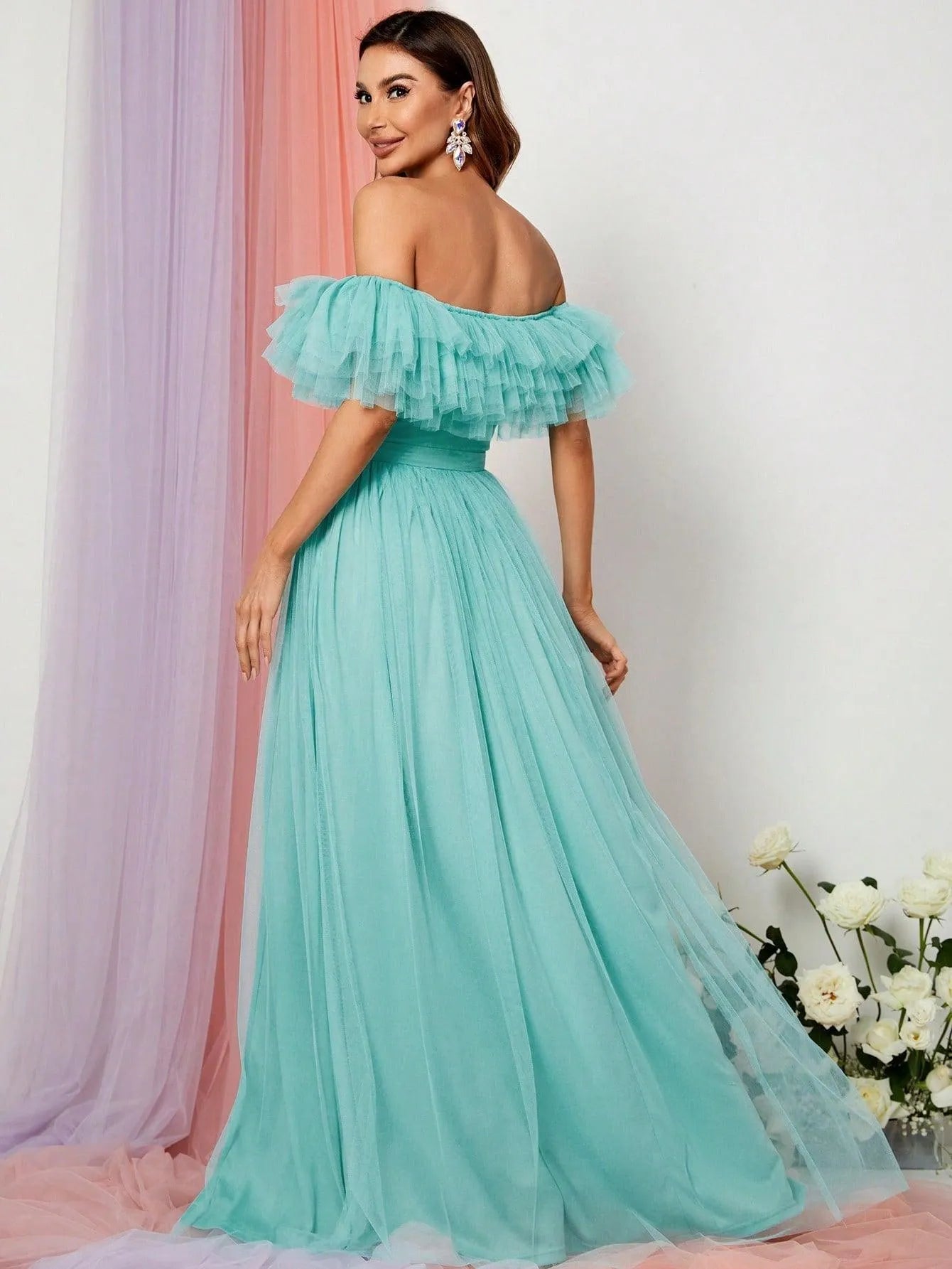 off shoulder ruffle trim dress don't rush me! HEMERA Off-Shoulder Ruffle-Trim Gown in Ivory