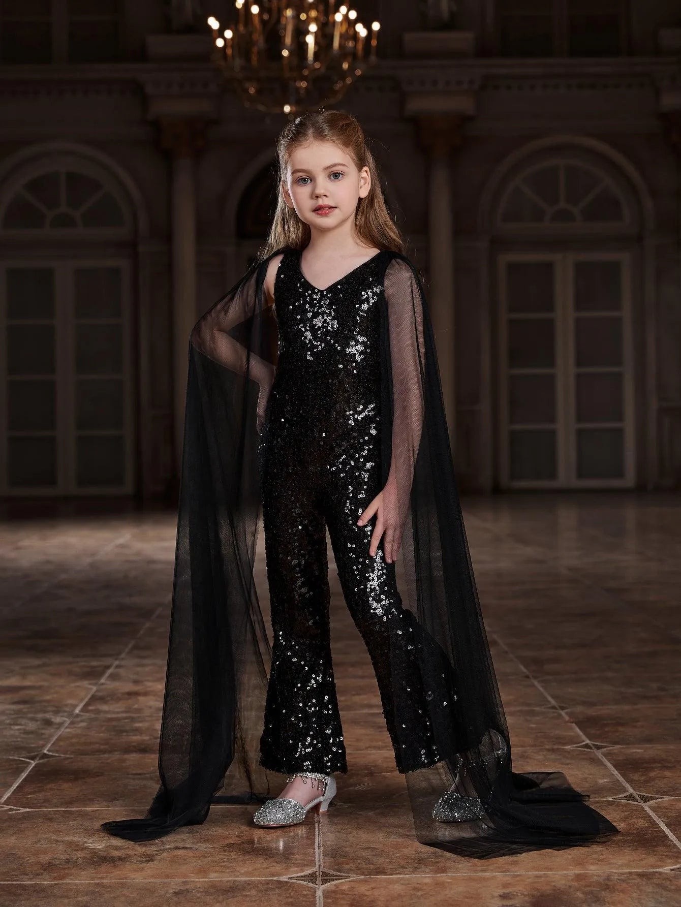 Tween Girls' V Neck Mesh Cloak Sleeve Sequin Jumpsuit - Elonnashop