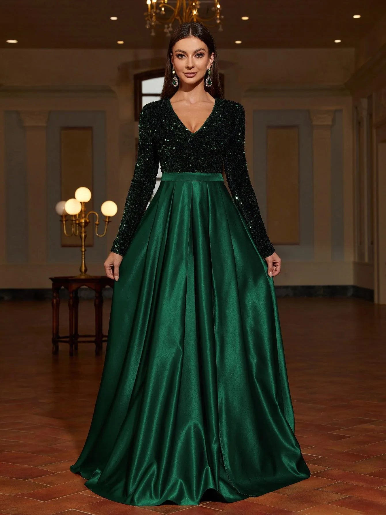 Plunging Neck Contrast Satin Sequin Formal Dress - Elonnashop