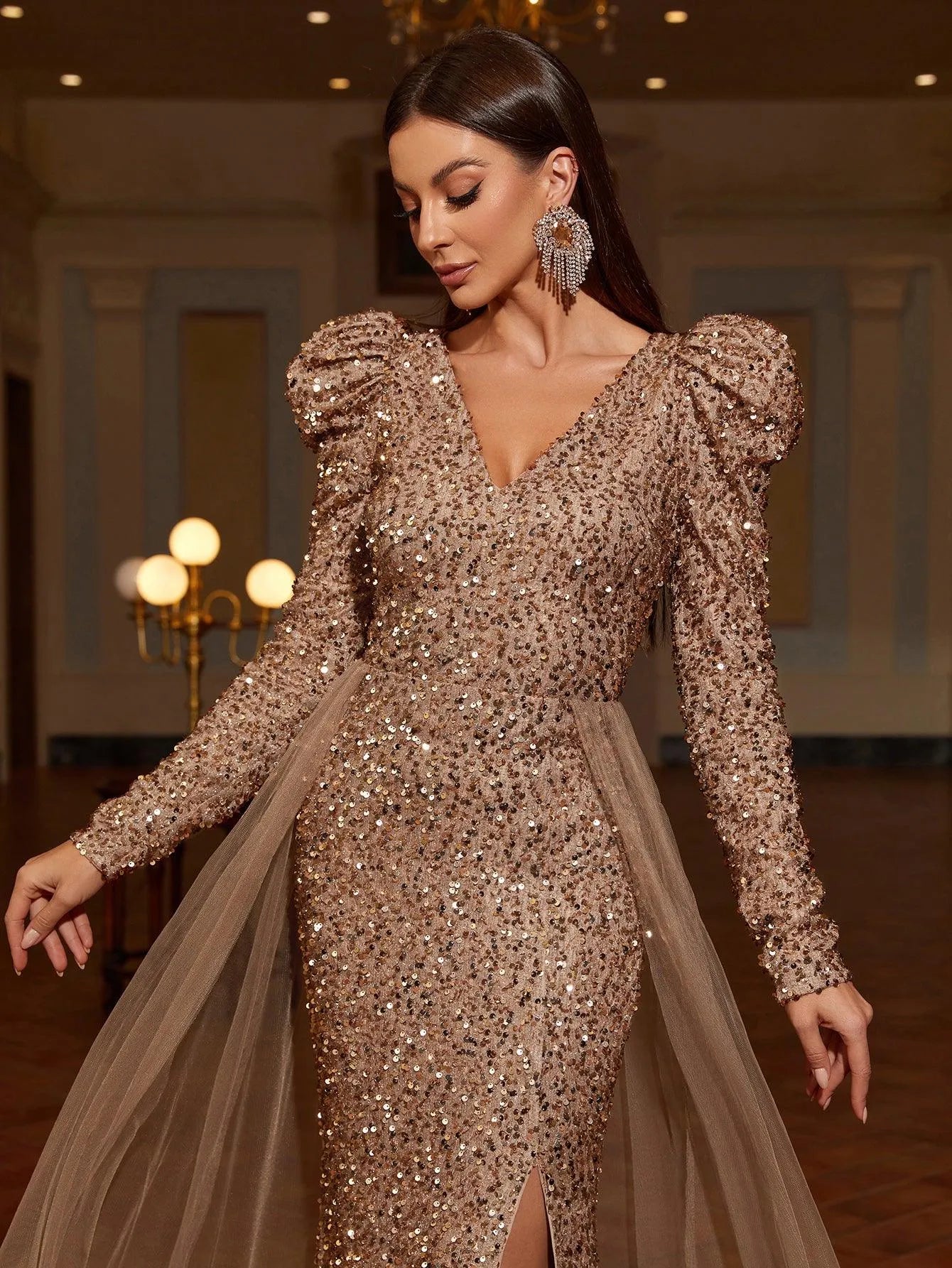 Gigot Sleeves Mermaid Hem Split Thigh Sequin Formal Dress - Elonnashop