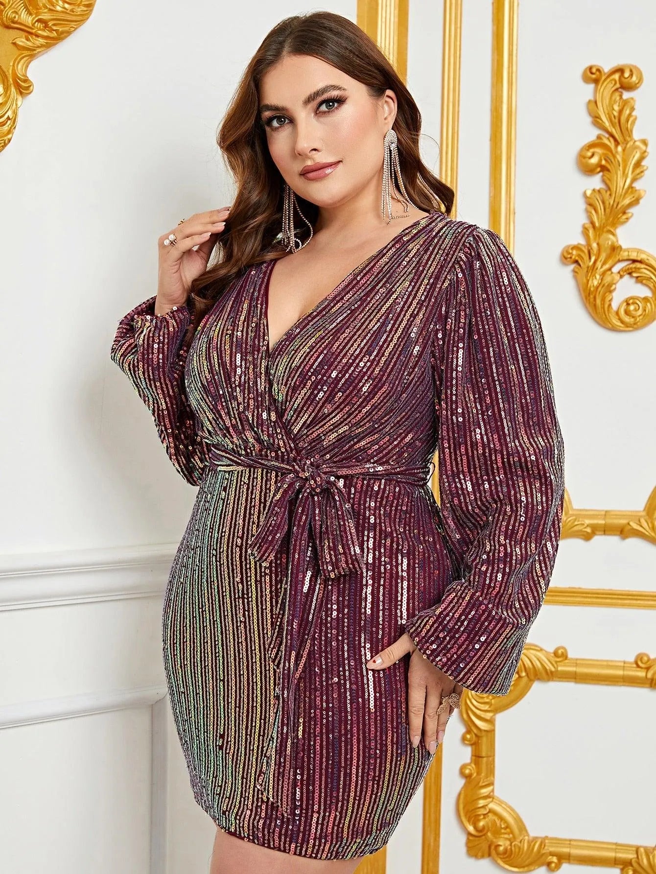 belted sequin wrap dress Womens Mela Sequin Belted Wrap Long Sleeve Dress