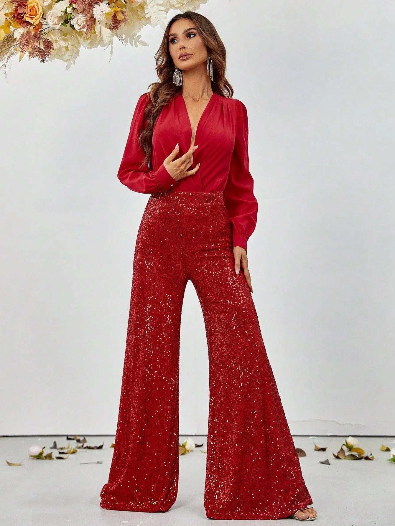 V Neck Lantern Sleeve Top & Sequin Pants - Elonnashop