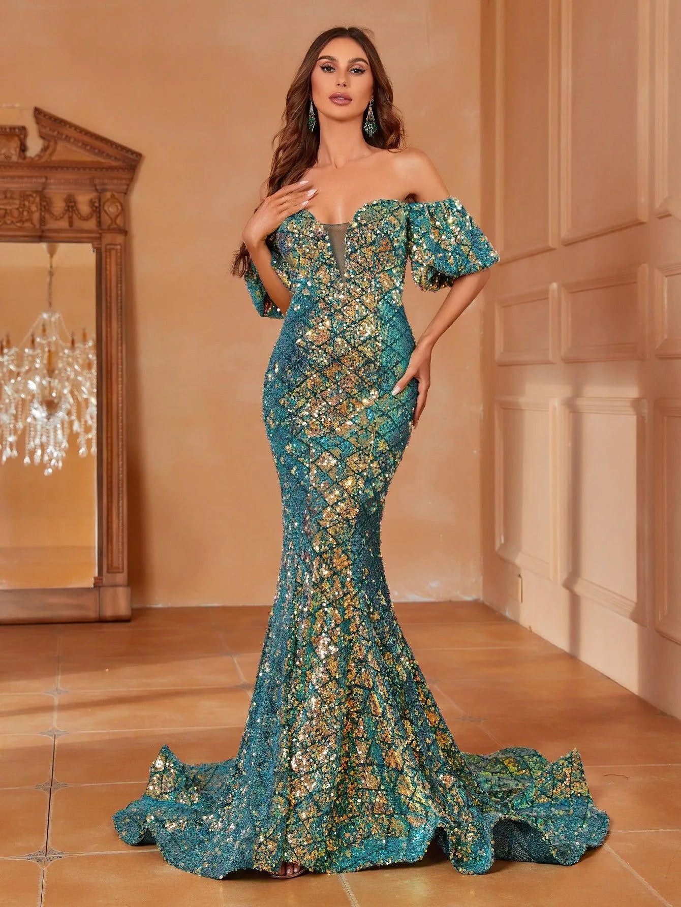 Off Shoulder Puff Sleeves Sequin Mermaid Dresses - Elonnashop