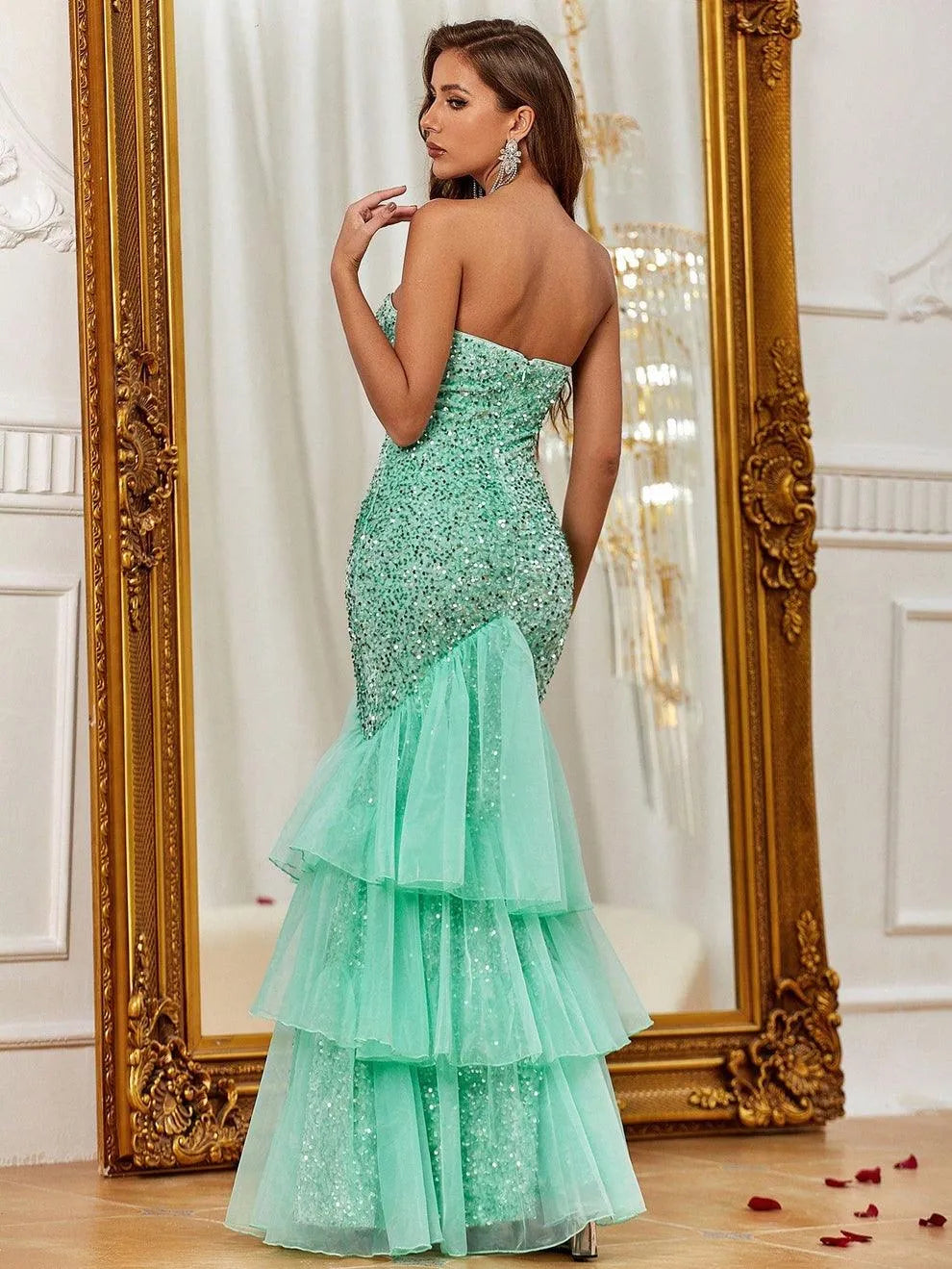 Elegant Mesh Overlay Mermaid Hem Sequin Prom Dress - Elonnashop