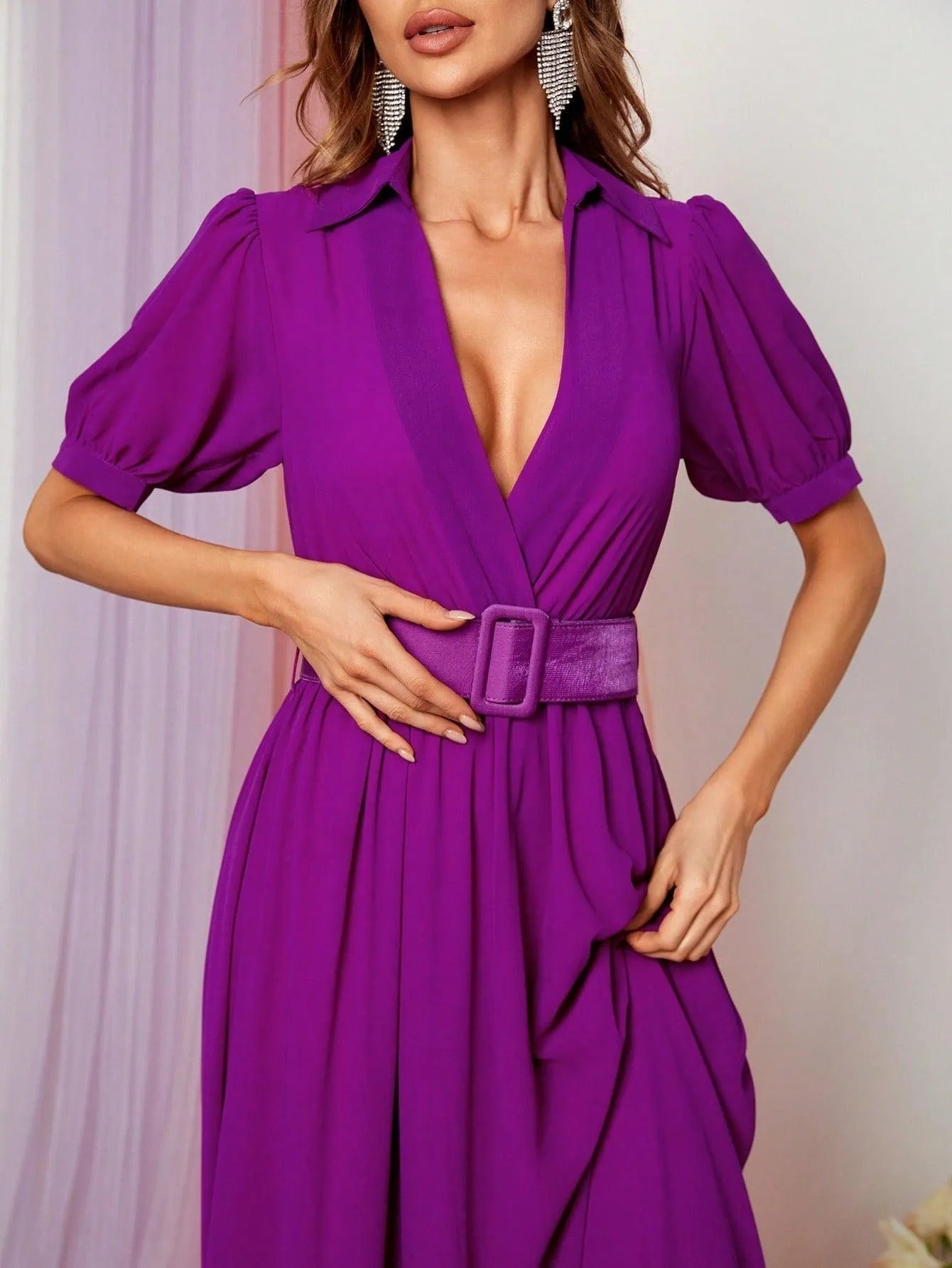 Deep V Neck Puff Sleeve Belted Maxi Dress - Elonnashop