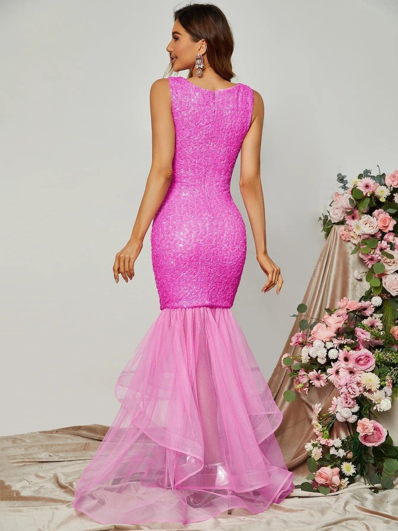 Elegant Round Neck Sleeveless Sequin Prom Dresses - Elonnashop