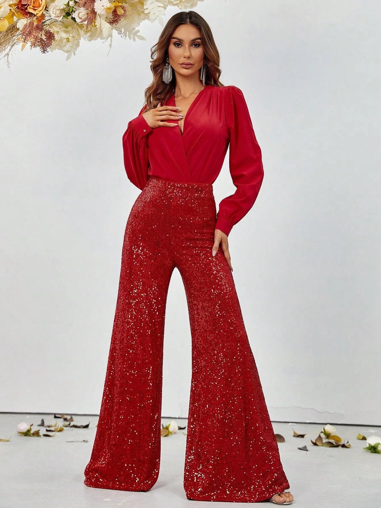 V Neck Lantern Sleeve Top & Sequin Pants - Elonnashop