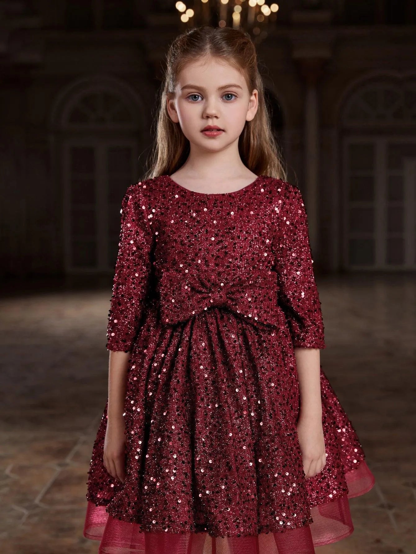 Tween Girls' Bow Detail 3/4 Sleeve Sequin Party Dress - Elonnashop