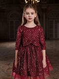 Tween Girls' Bow Detail 3/4 Sleeve Sequin Party Dress - Elonnashop