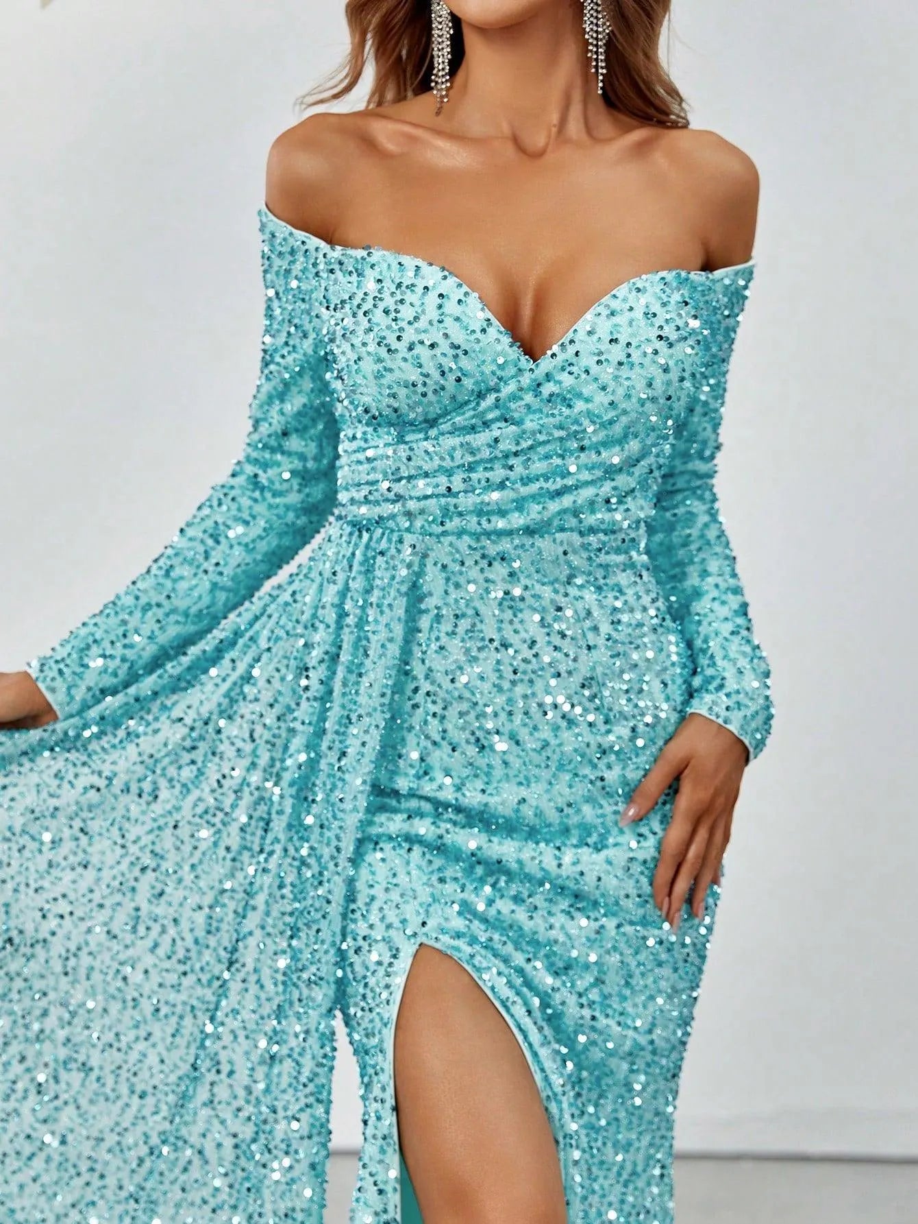 Off Shoulder Sweetheart Neck Split Thigh Sequin Dress - Elonnashop