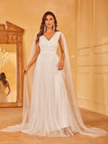 Plunging Neck A Line Wedding dress With Cape - Elonnashop