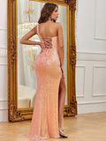 Stylish One Shoulder Sleeveless Sequin Slit Dress - Elonnashop