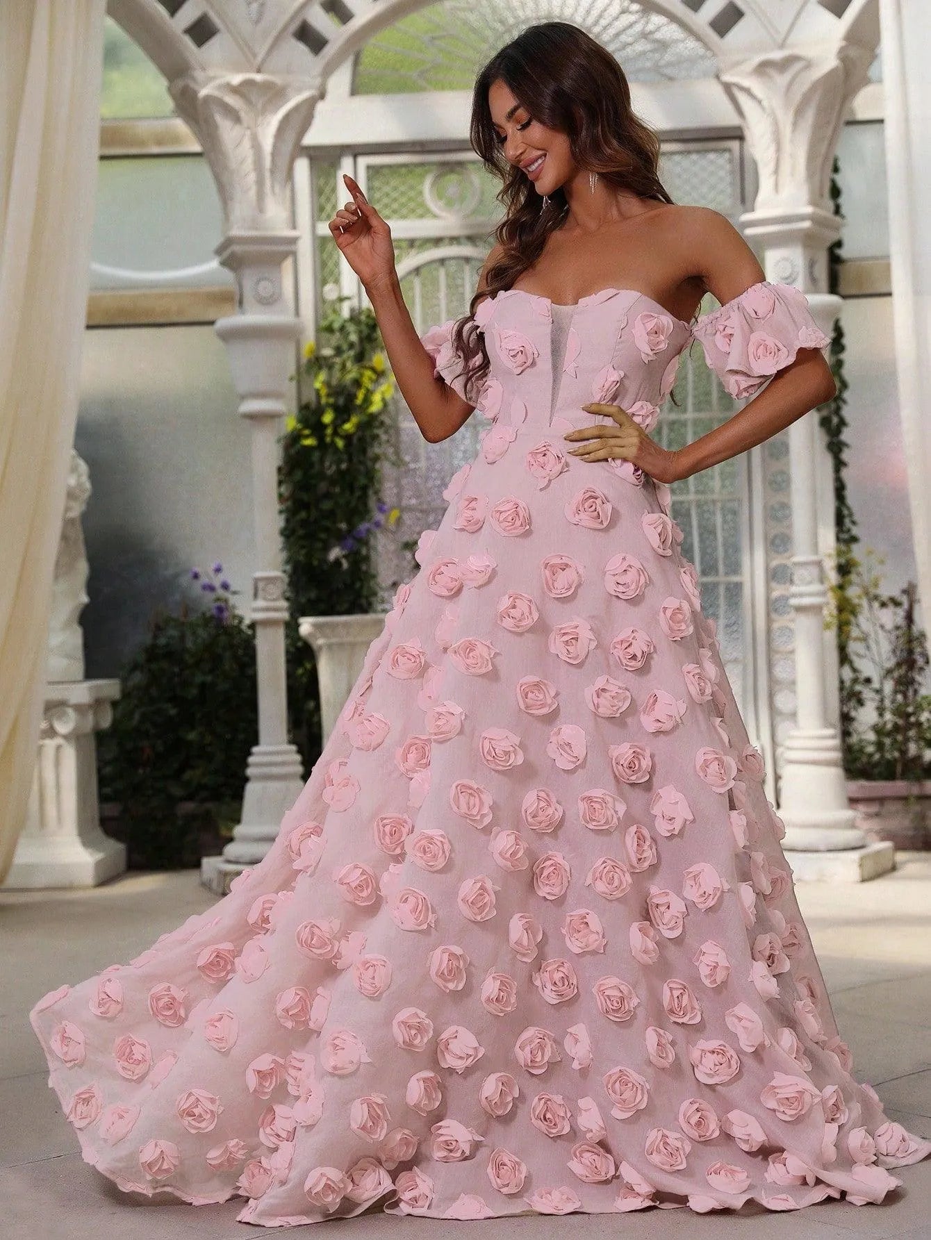 Elegant Off Shoulder 3D Flower Maxi Dresses - Elonnashop