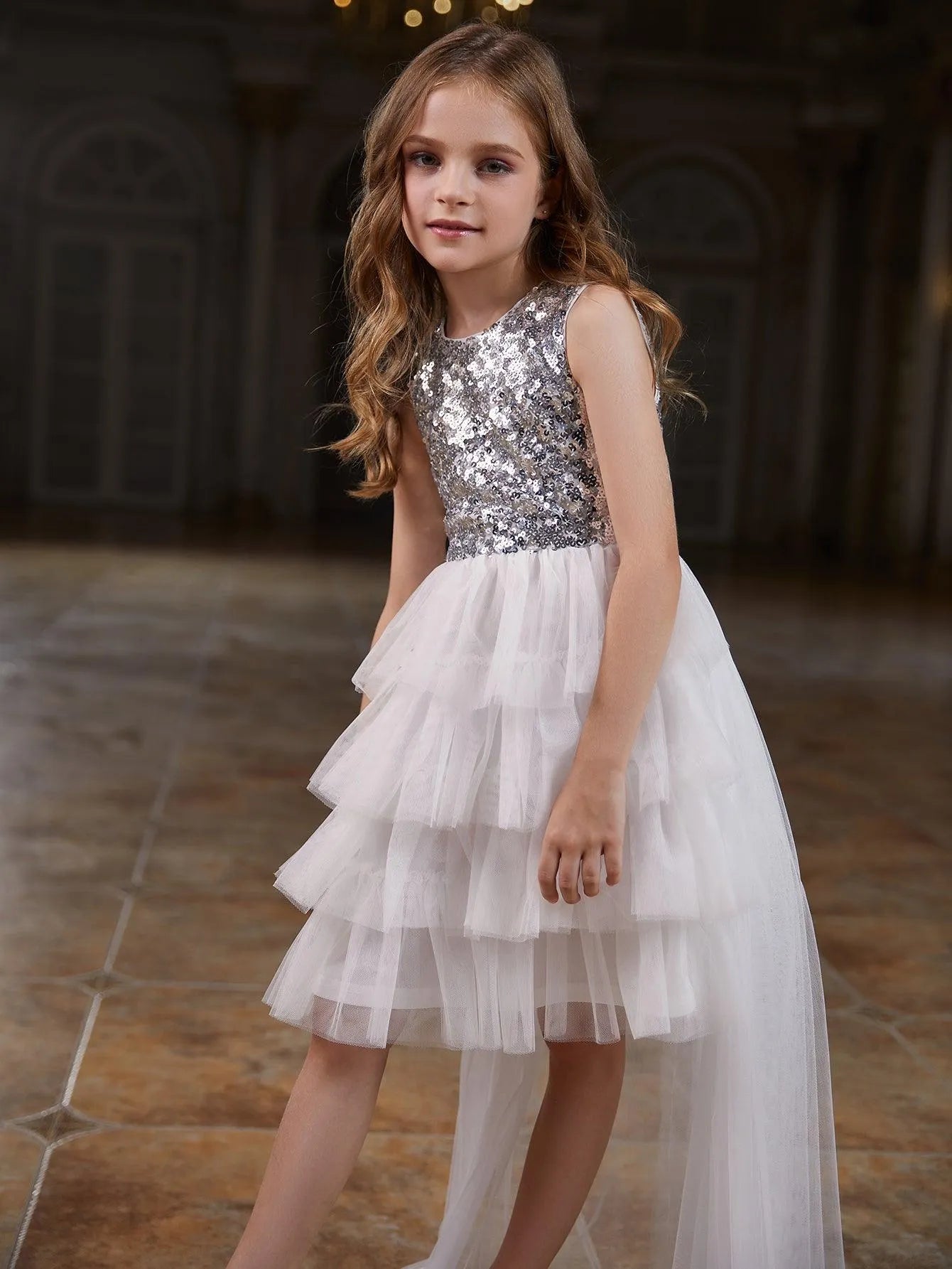 Tween Girls' Mesh Layered Hem Sequin Party Dress - Elonnashop