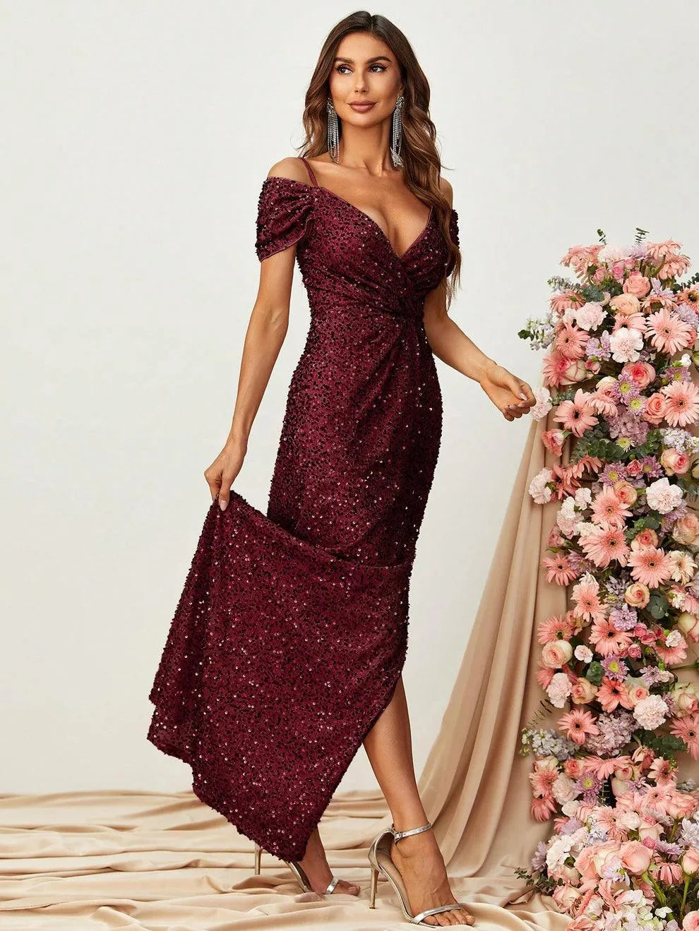 Off Shoulder Short Sleeve Sequin A Line Slit Dresses - Elonnashop