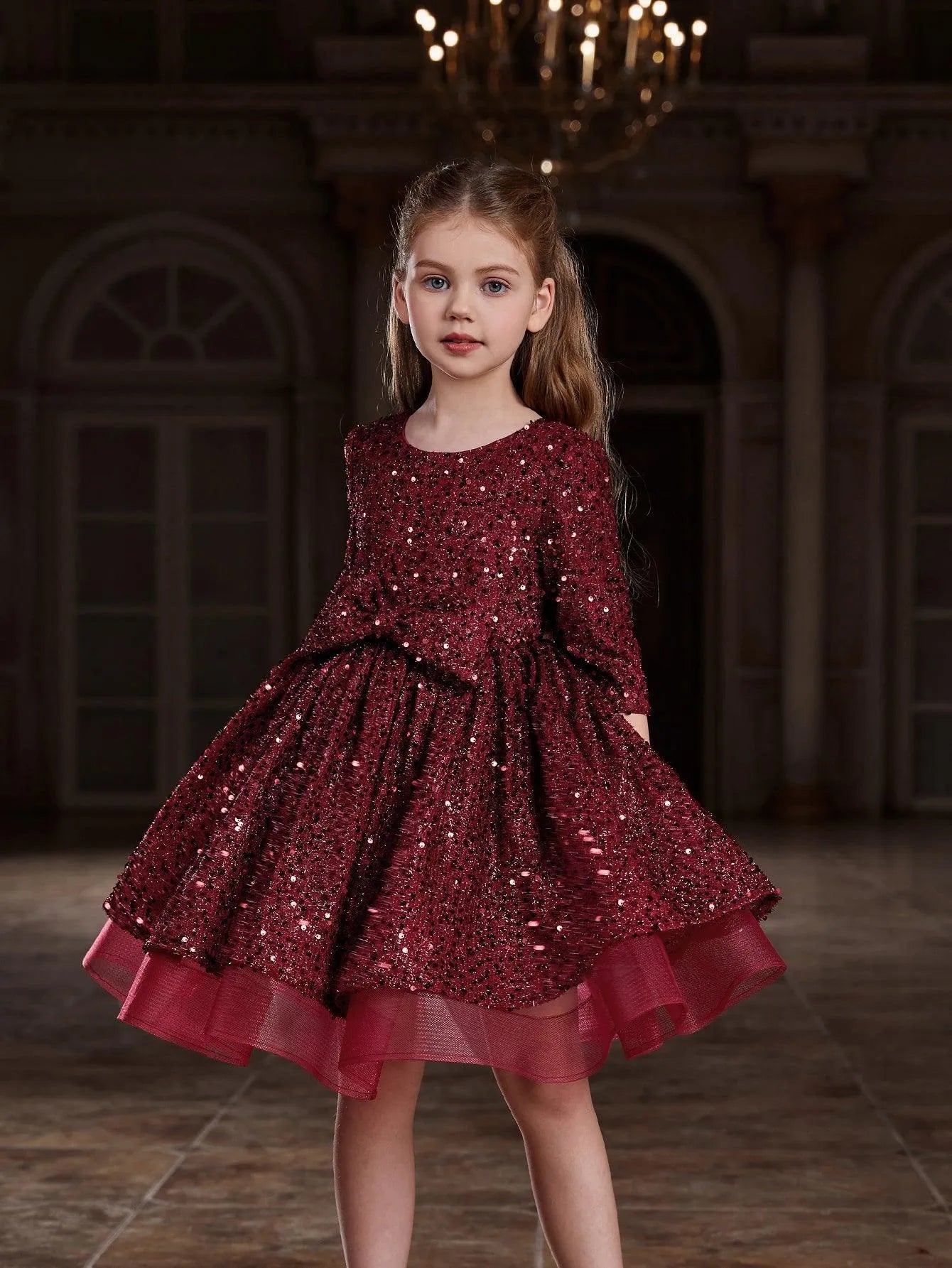 Tween Girls' Bow Detail 3/4 Sleeve Sequin Party Dress - Elonnashop