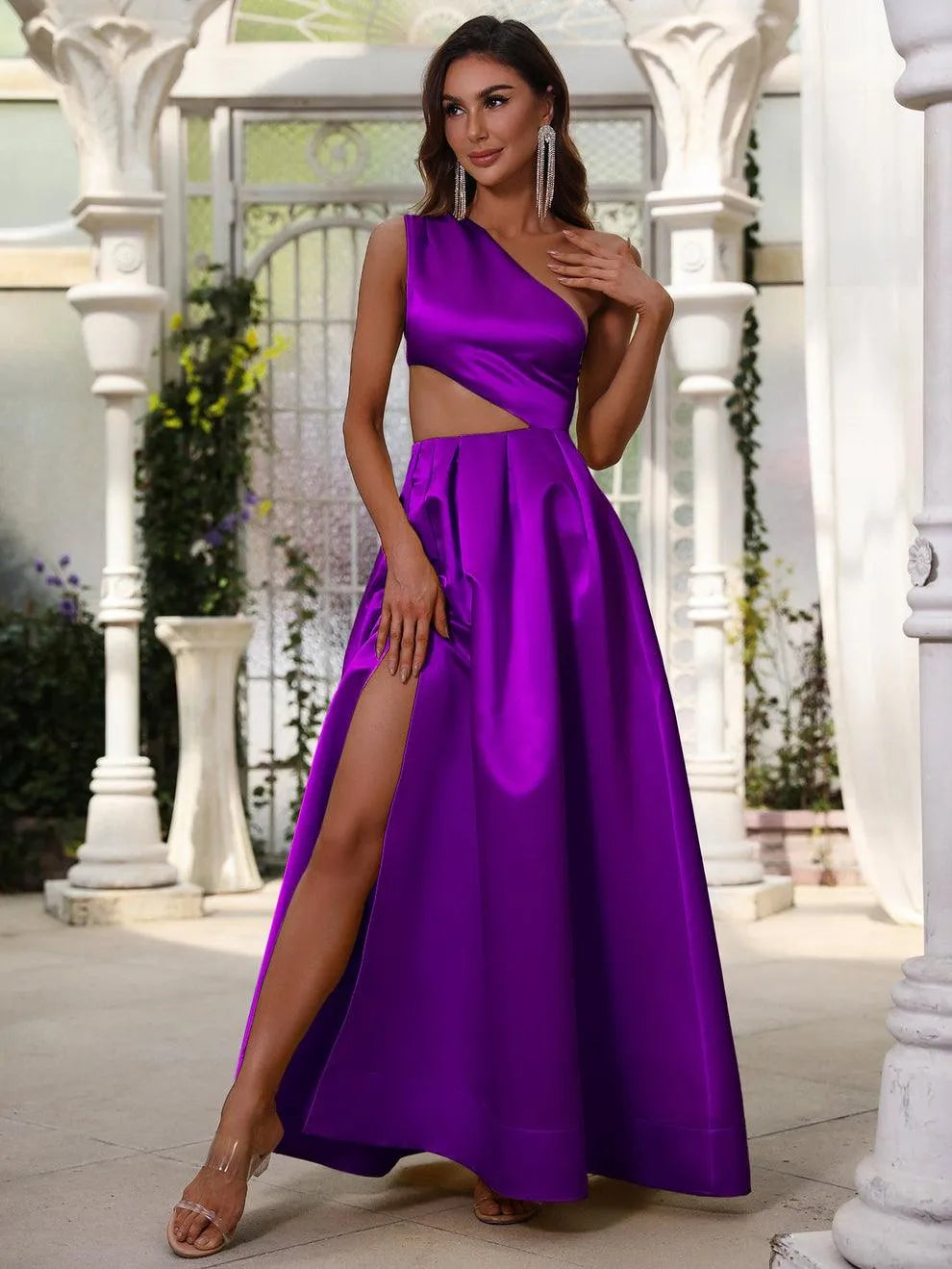 One Shoulder Cut Out Waist Satin Prom Dress - Elonnashop